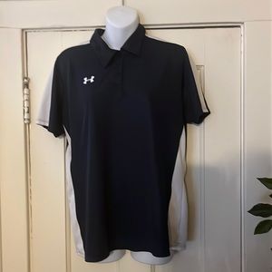 Navy blue and white under armor polo top polyester material.